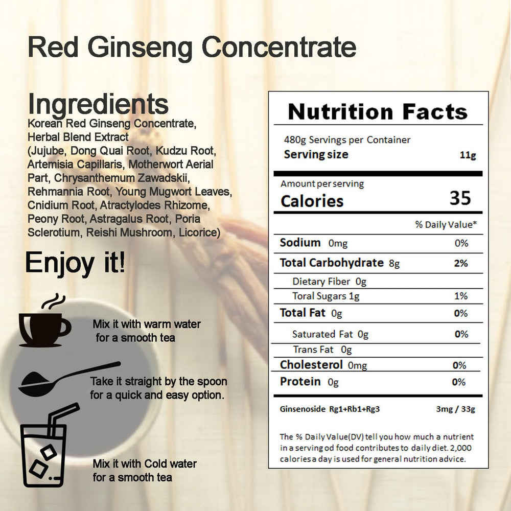Hong Sam Jeong ingredients label closeup highlighting herbal blend and ginseng concentration.