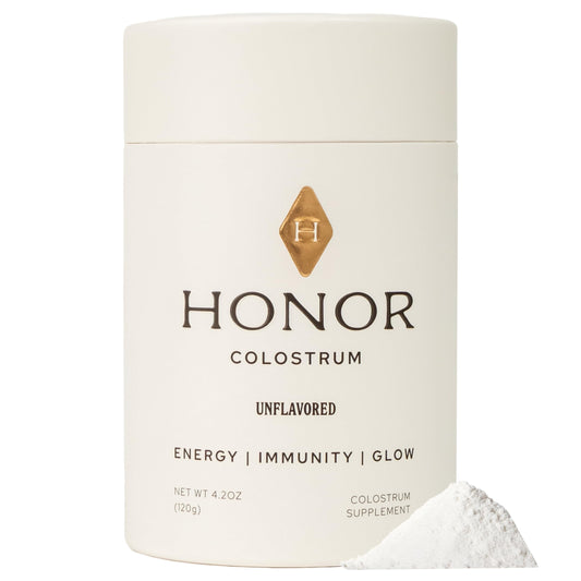 HONOR Supplements Colostrum powder bottle shows clean, unflavored nutrition for daily wellness.