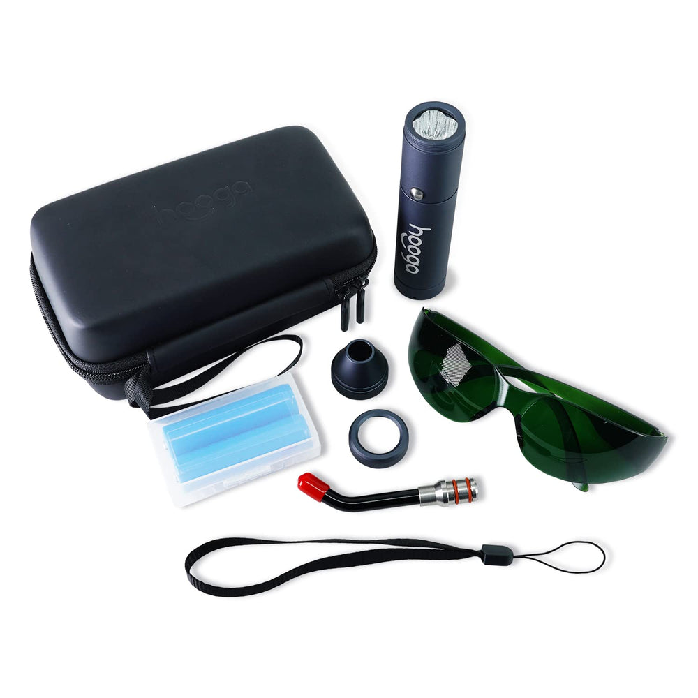 Hooga red light therapy torch emitting light on skin illustrates at-home therapy use.