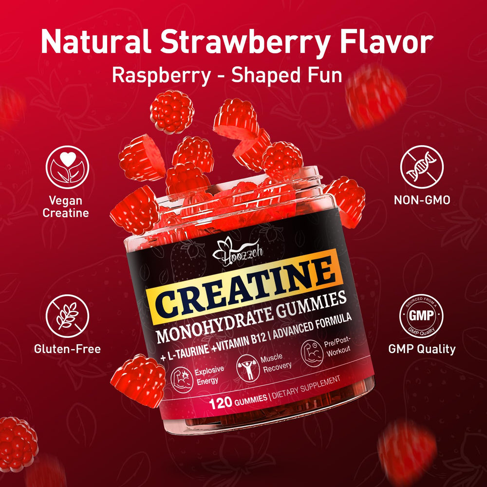 Hoozzch Creatine Gummies plant-based pectin base highlighted.