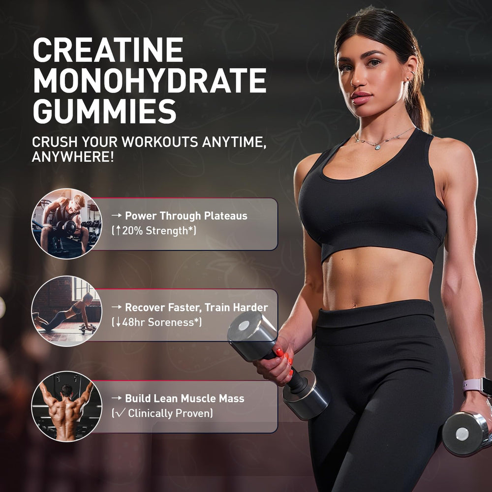 Hoozzch Creatine Gummies strawberry-flavor for tasty workouts.