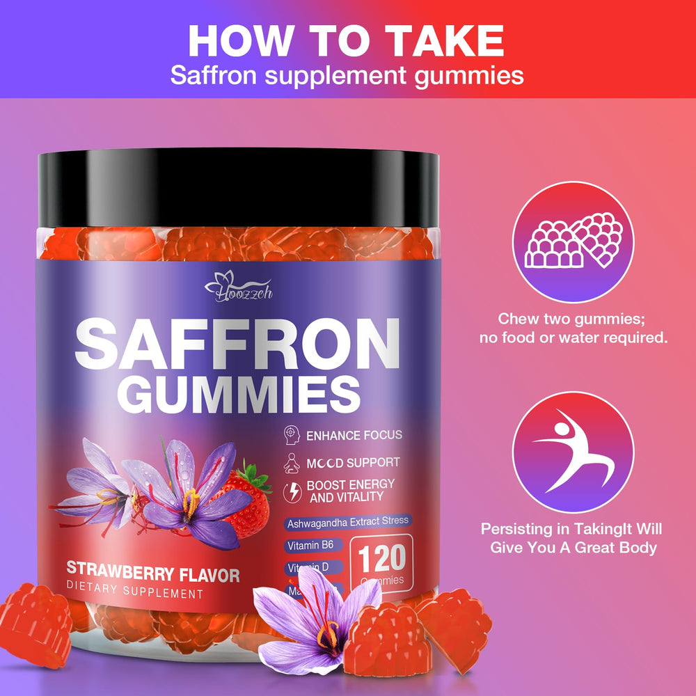 Hoozzch saffron gummies with glass of water, supporting eye health while staying refreshed