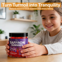 Hoozzch saffron gummies packaging highlights vegan formula and essential vitamins for calm and energy