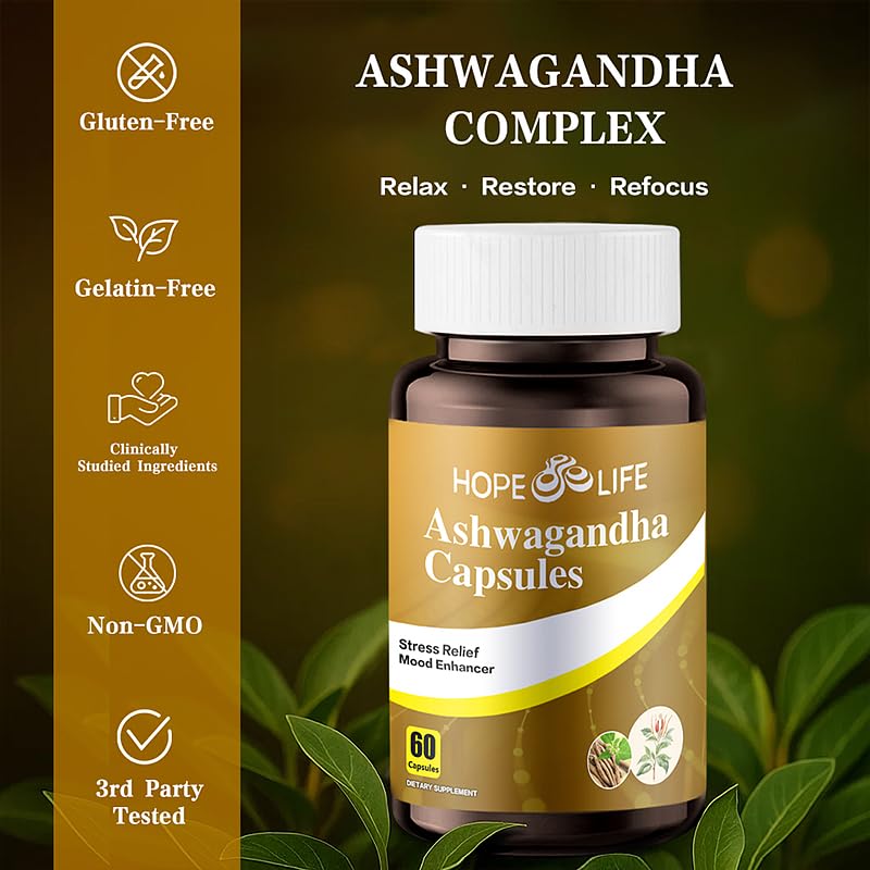 HOPE LIFE Ashwagandha root extract capsules highlight natural mood support.