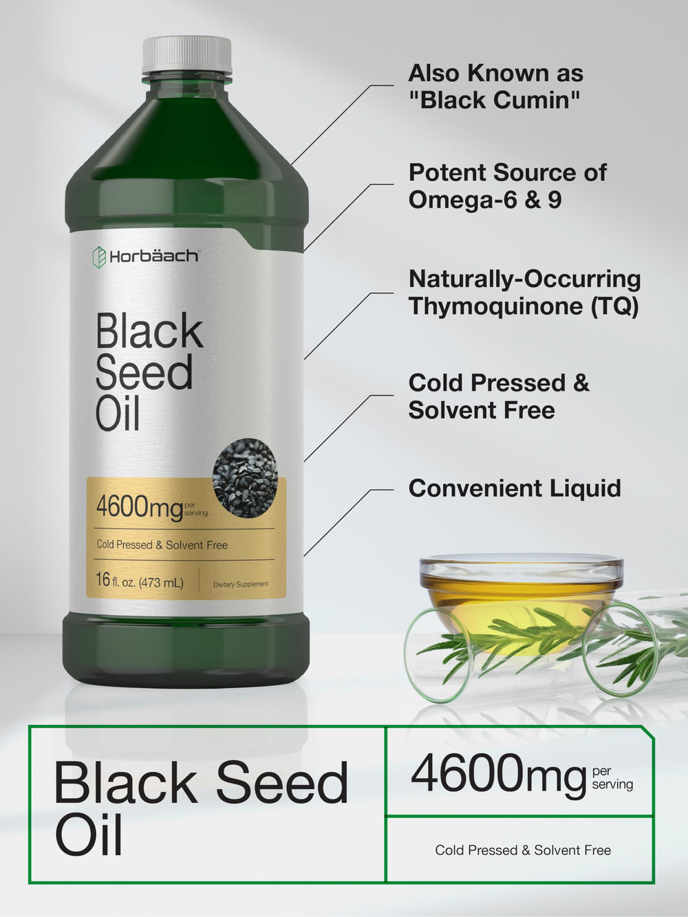 Horbäach Black Seed Oil glass bottle on counter ready for use.