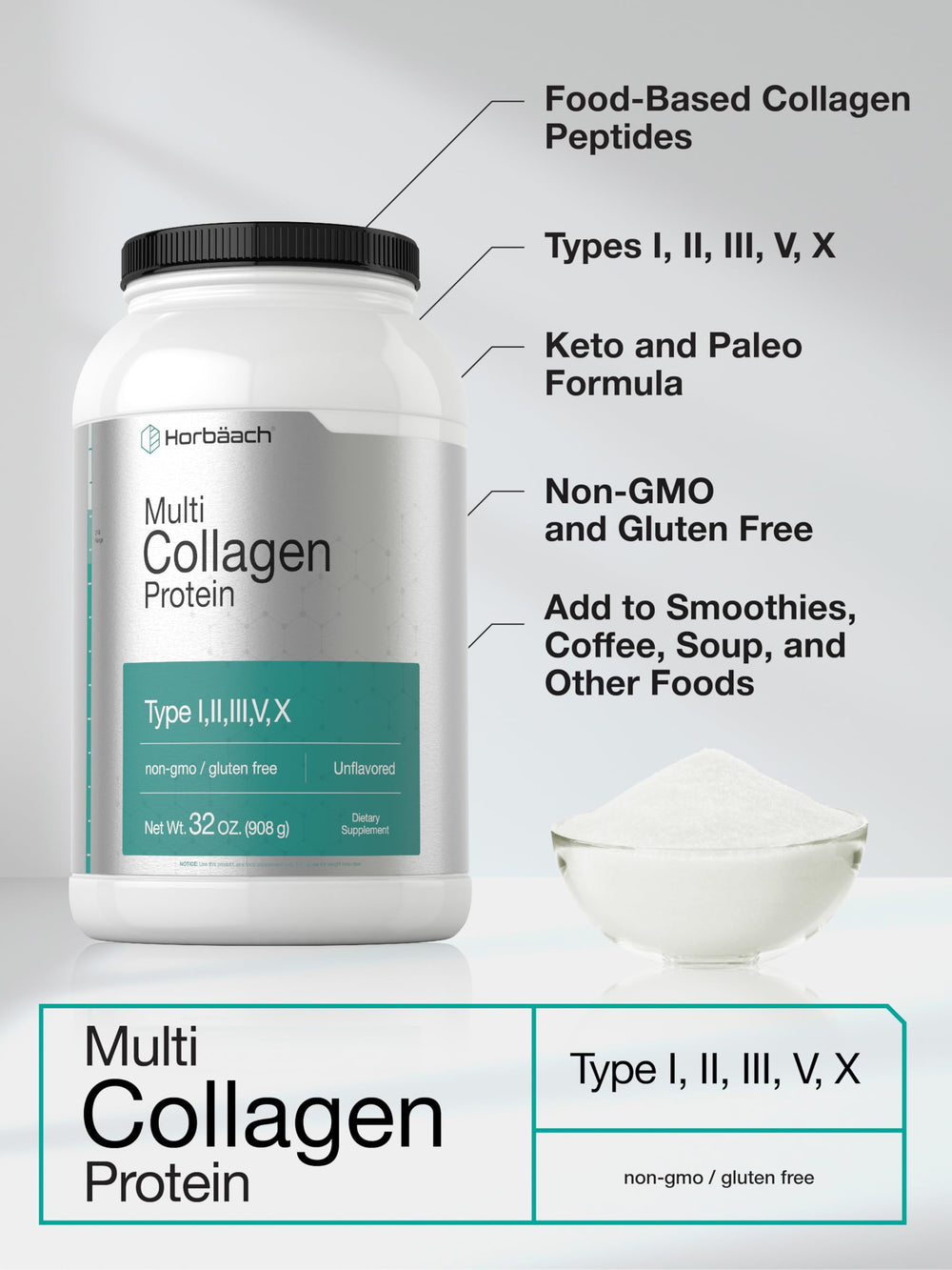 Horbaach gluten-free collagen powder bottle highlights a gluten-free option