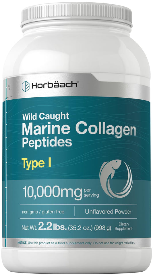 Horbäach Marine Collagen Powder tub showing unflavored formula for daily skin, hair, and nails support.