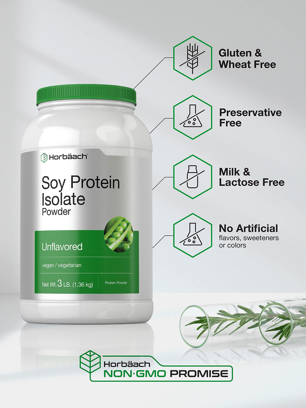 Horbaach Soy Protein Isolate label highlights non-GMO and gluten free.