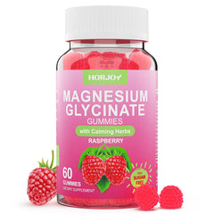 Horjoy magnesium glycinate gummies raspberry bottle close-up promoting restful nights.