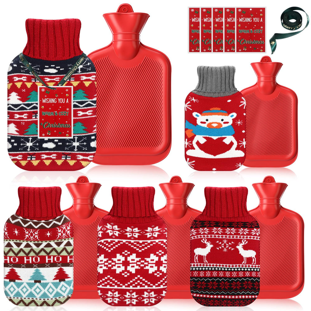 Hortsun Christmas 1L hot water bottle with knitted red cover for cozy warmth