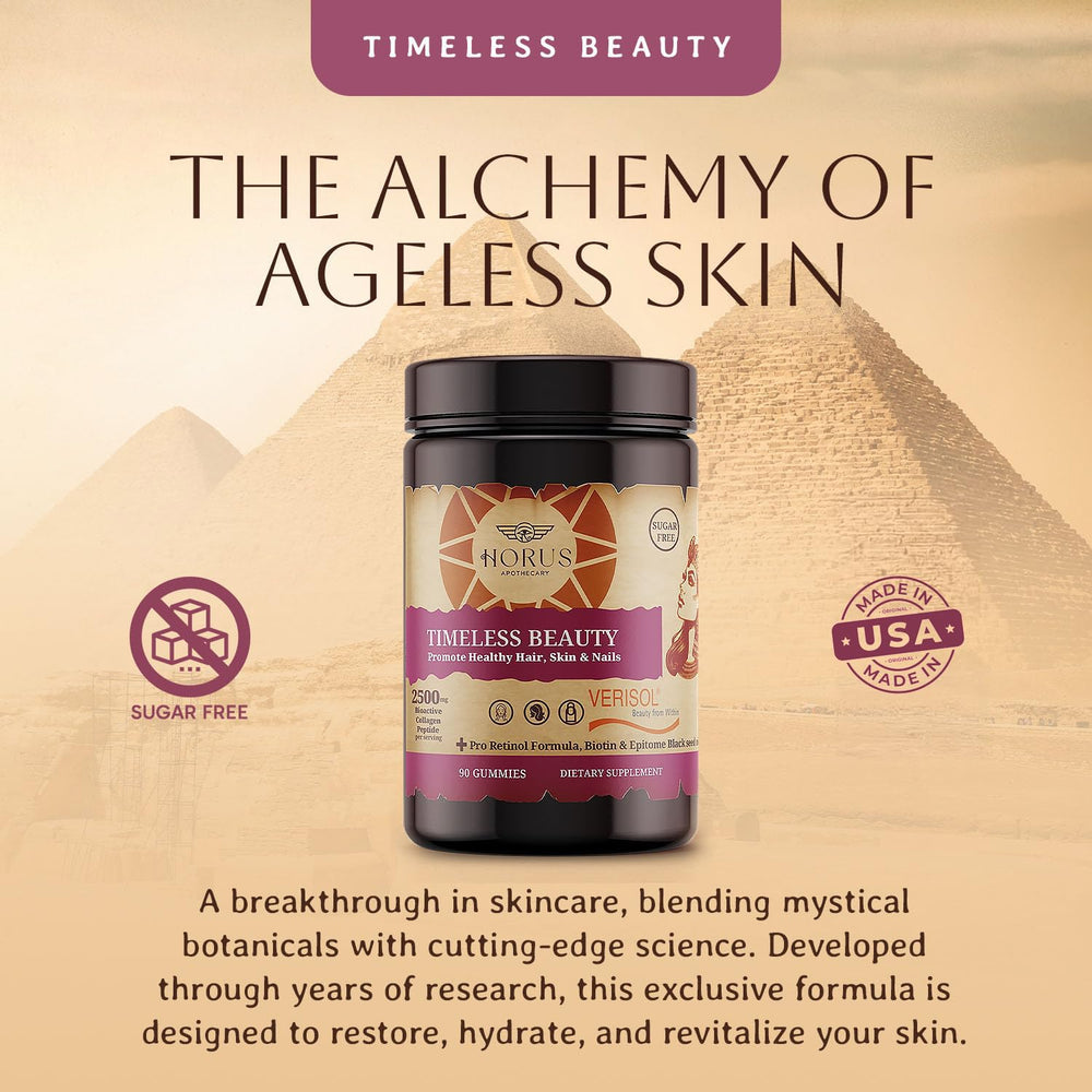 Close-up of Horus Timeless Beauty gummies emphasizing chewy formula for hair and nails.