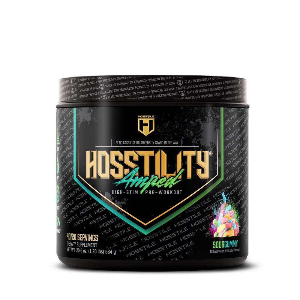 Hosstile Amped bottle close-up signals intense energy for workouts.