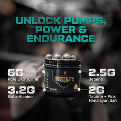 Hosstile Amped label detail highlights caffeine amount and key ingredients.