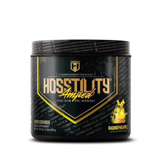 HOSSTILE Amped preworkout tub for sustained energy during intense sessions.