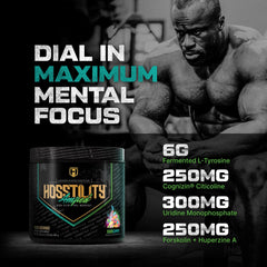 Hosstile Amped tub packaging shows a complete pre-workout formula.