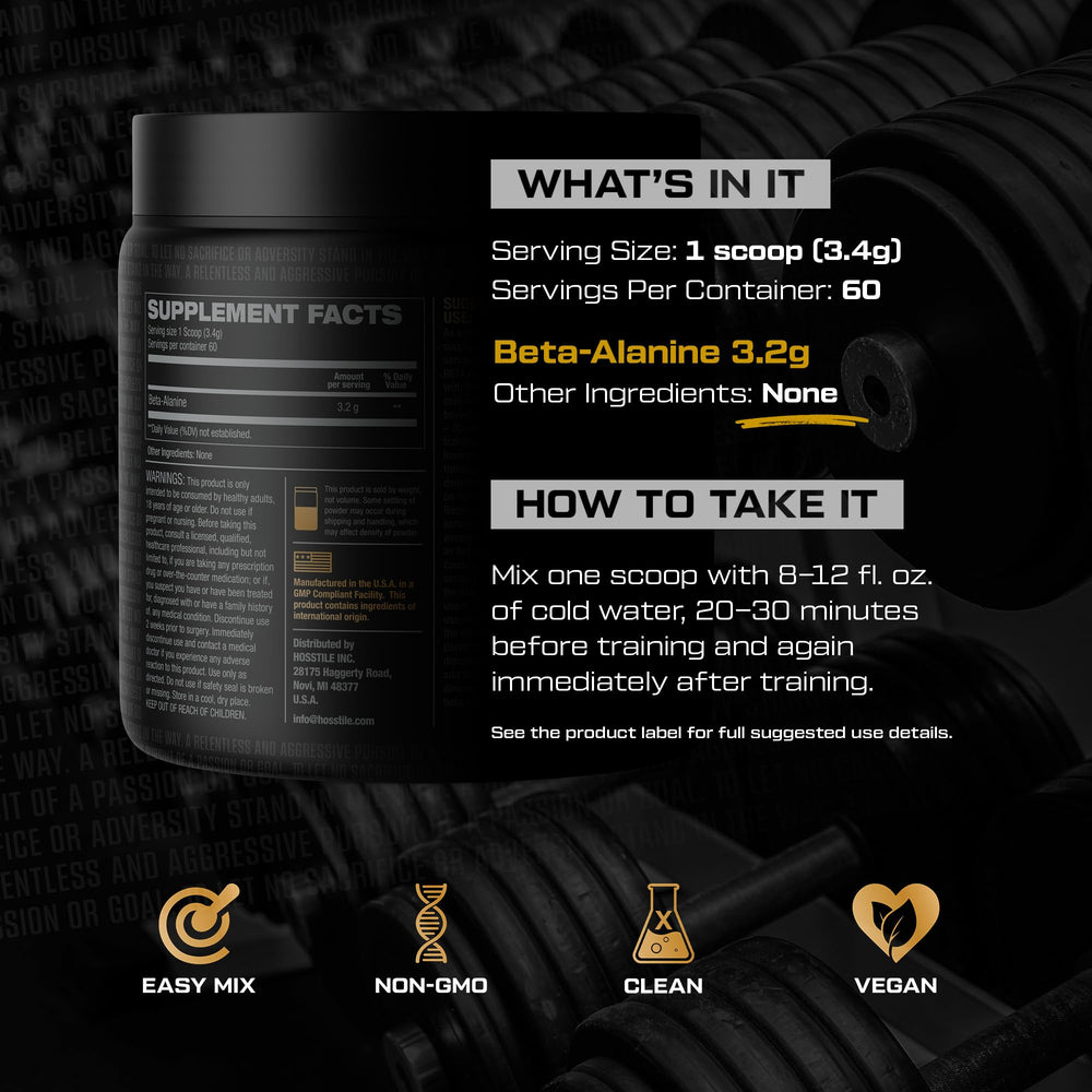 HOSSTILE Beta-Alanine powder label highlights pure ingredients.