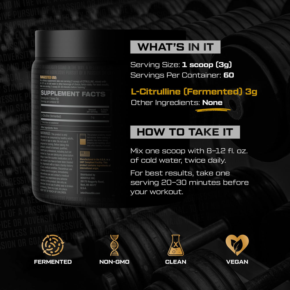 HOSSTILE Citrulline label closeup highlights vegan fermentation and purity.