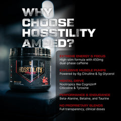 Close-up of the Hosstility Amped label with flavor and ingredients for training.