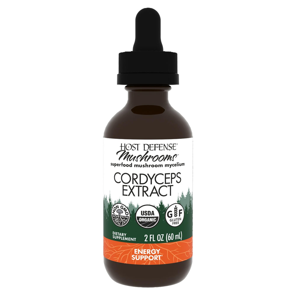 Host Defense Cordyceps extract bottle close-up highlighting immune support potential.