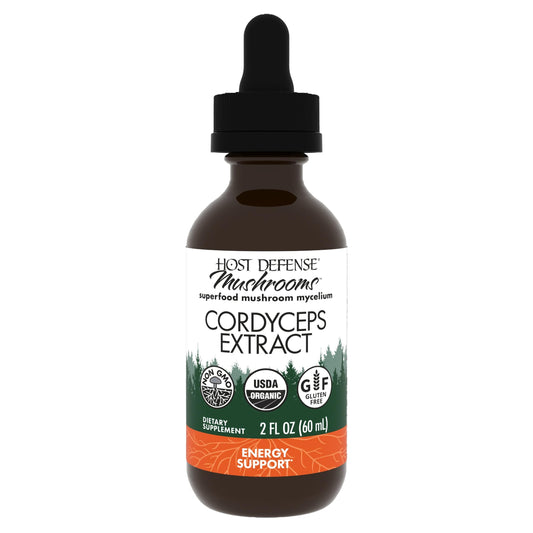 Host Defense Cordyceps extract bottle close-up highlighting immune support potential.