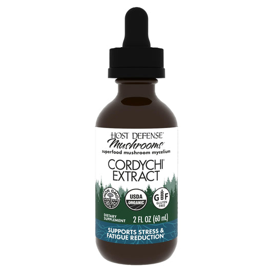 Host Defense CordyChi bottle and dropper highlighting energy support and immune balance.