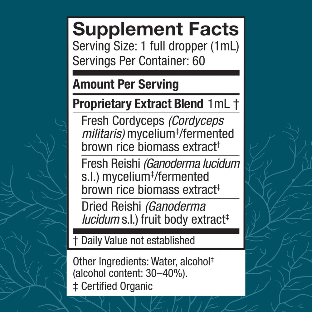Host Defense CordyChi extract dropper with dosage guidance for daily use.