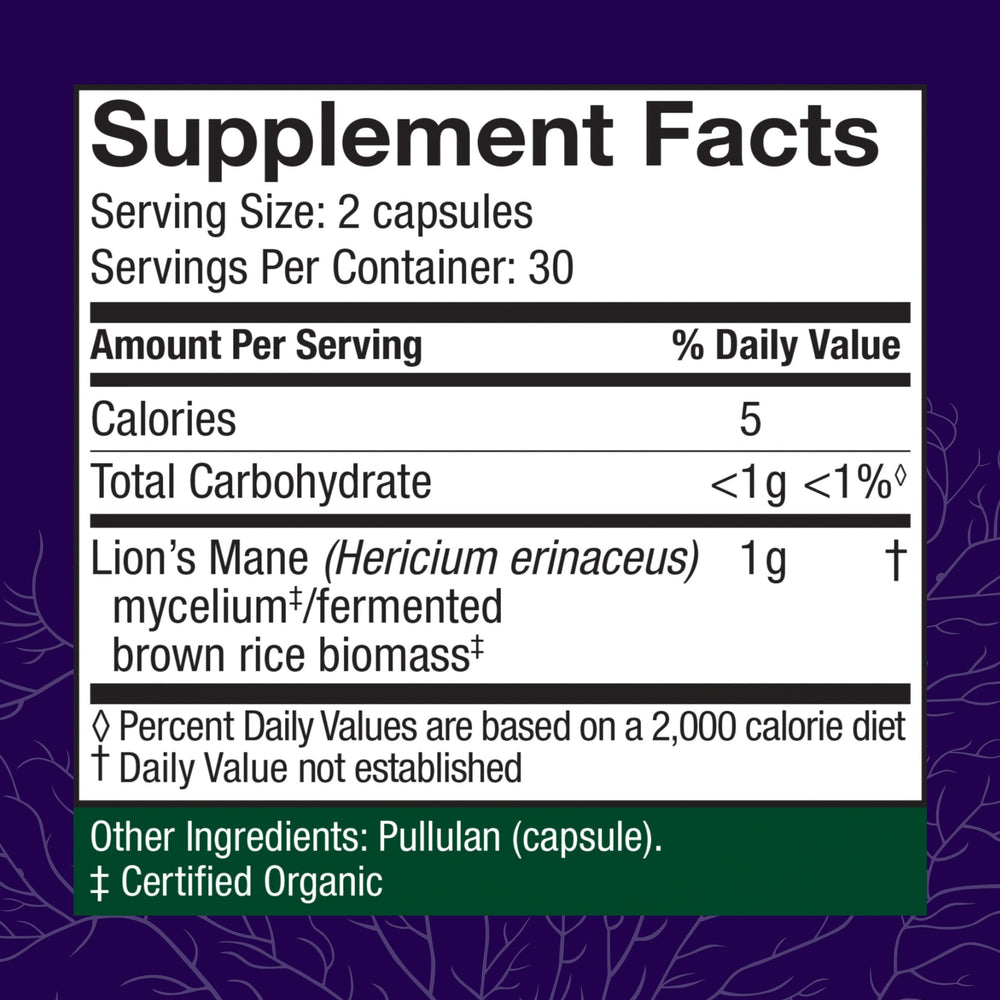 Host Defense Lion's Mane capsules close-up for focus and memory support.