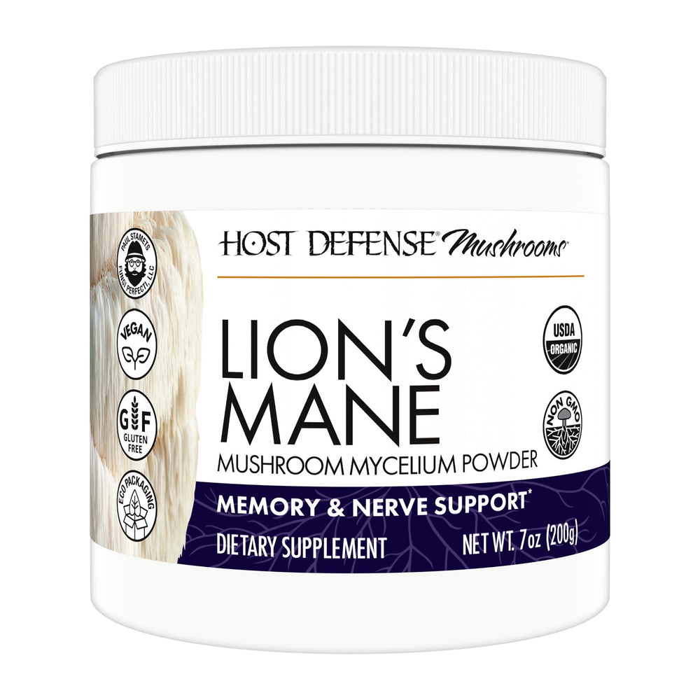 Host Defense Lion's Mane Powder bottle indicating brain health support.