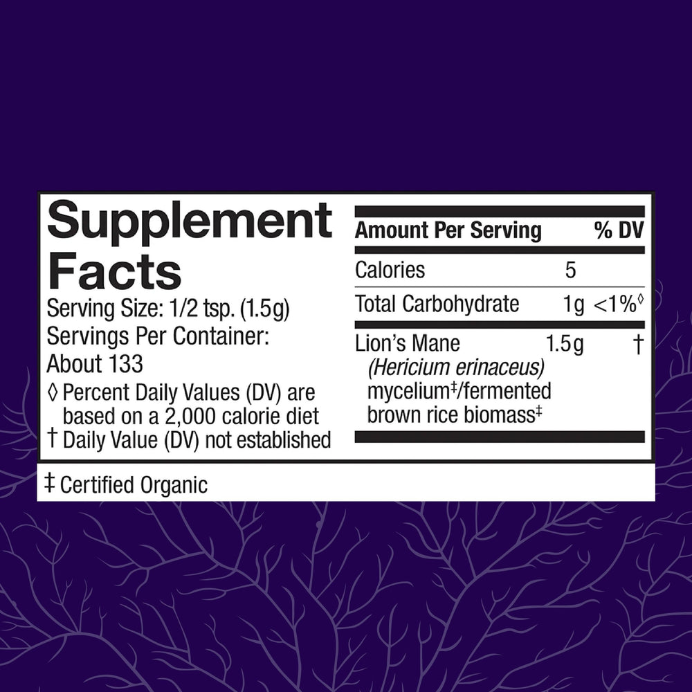 Host Defense Lion's Mane Powder label shows organic, USA-grown mycelium.