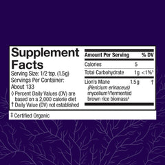 Host Defense Lion's Mane Powder label shows organic, USA-grown mycelium.