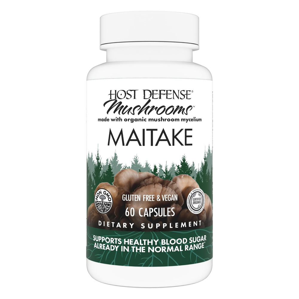 Host Defense Maitake Capsules bottle on white background highlighting immune support potential.