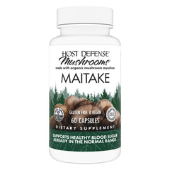 Host Defense Maitake Capsules bottle on white background highlighting immune support potential.