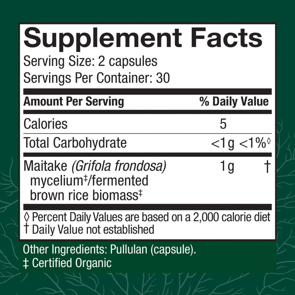 Host Defense Maitake Capsules label close-up emphasizing organic, non-GMO mushroom supplement.