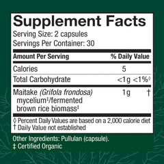 Host Defense Maitake Capsules label close-up emphasizing organic, non-GMO mushroom supplement.