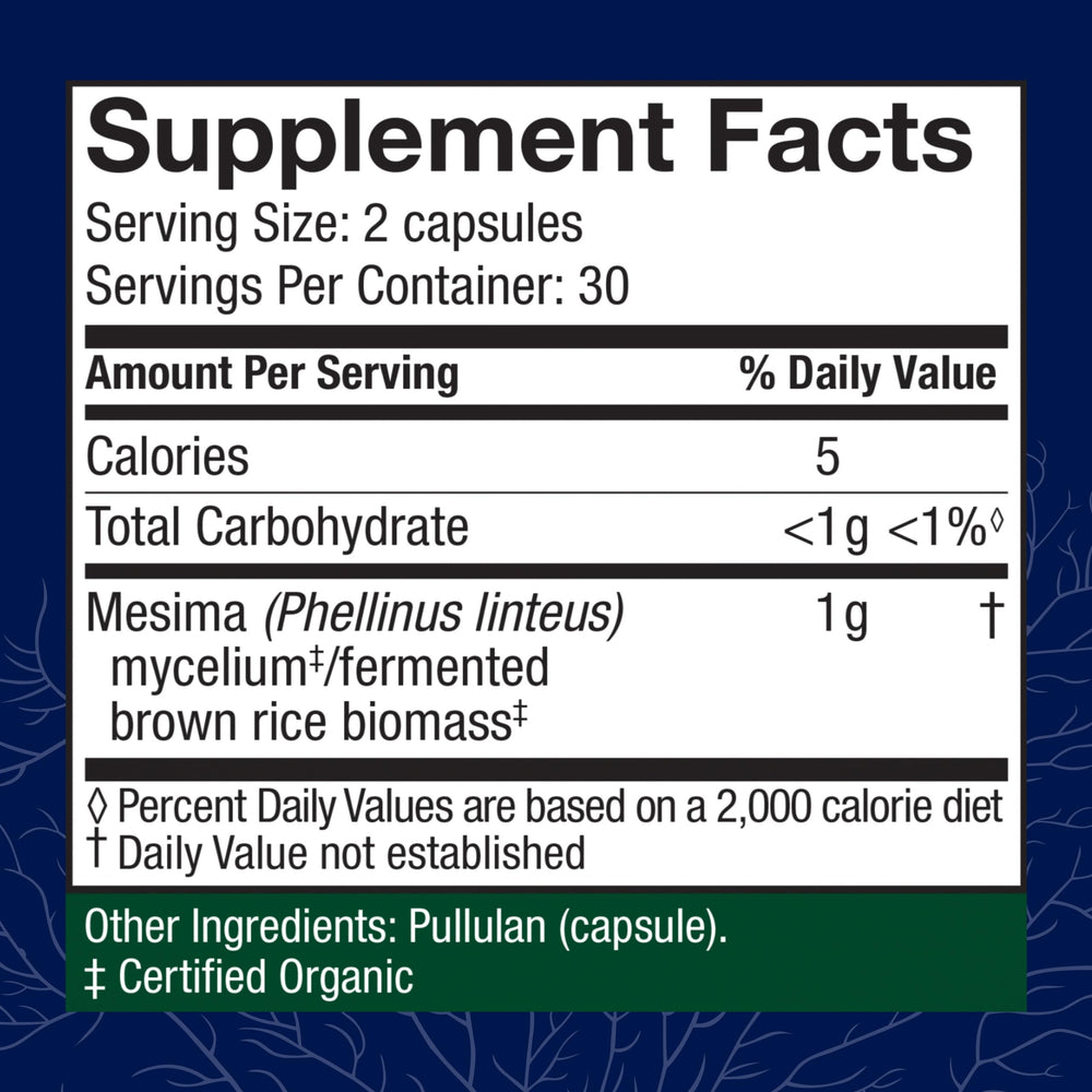 Host Defense Mesima capsules label highlights organic, non-GMO, gluten-free features.