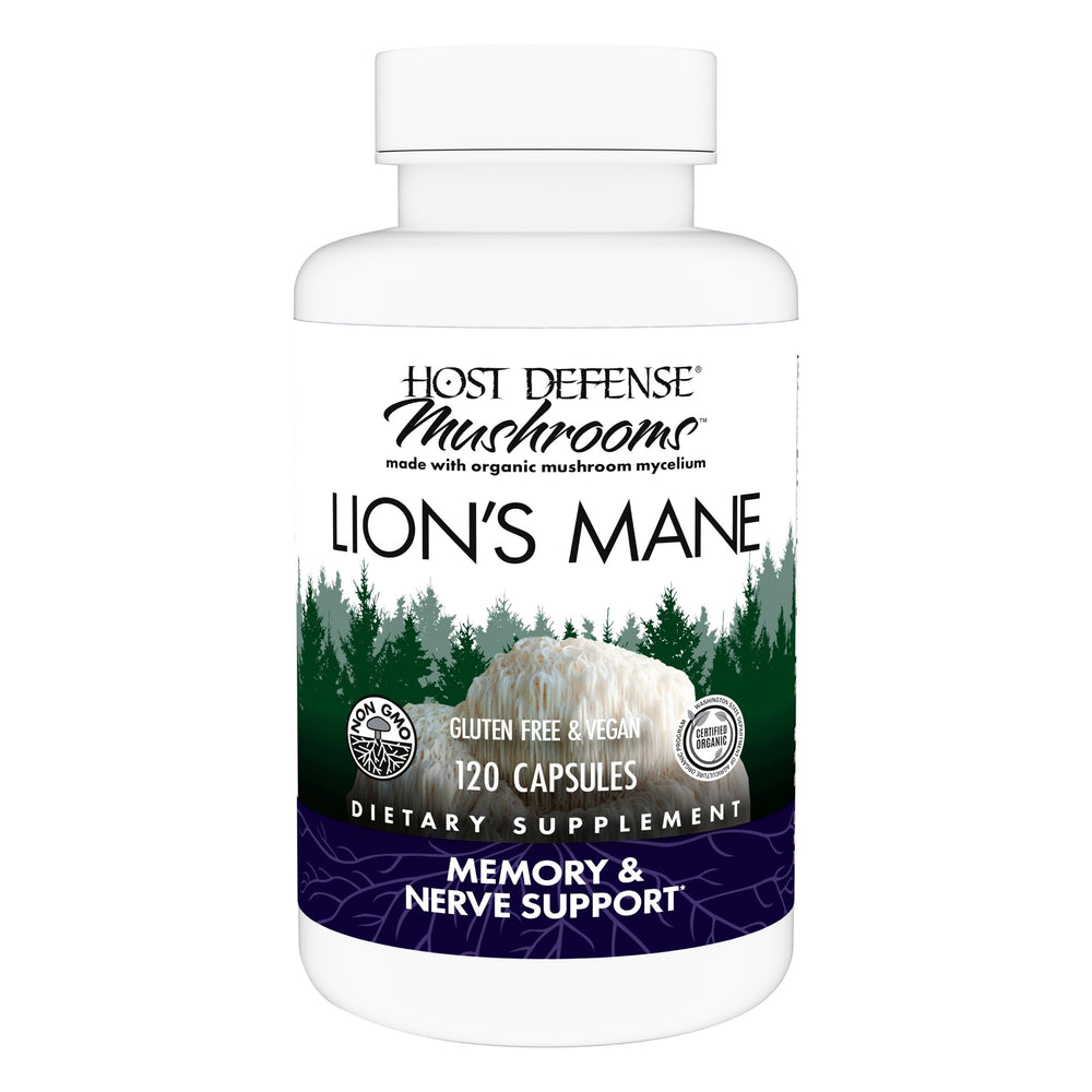 Host Defense Lion's Mane capsules bottle promotes brain health support