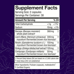 Host Defense MycoBotanicals Brain Capsules bottle side showing label details