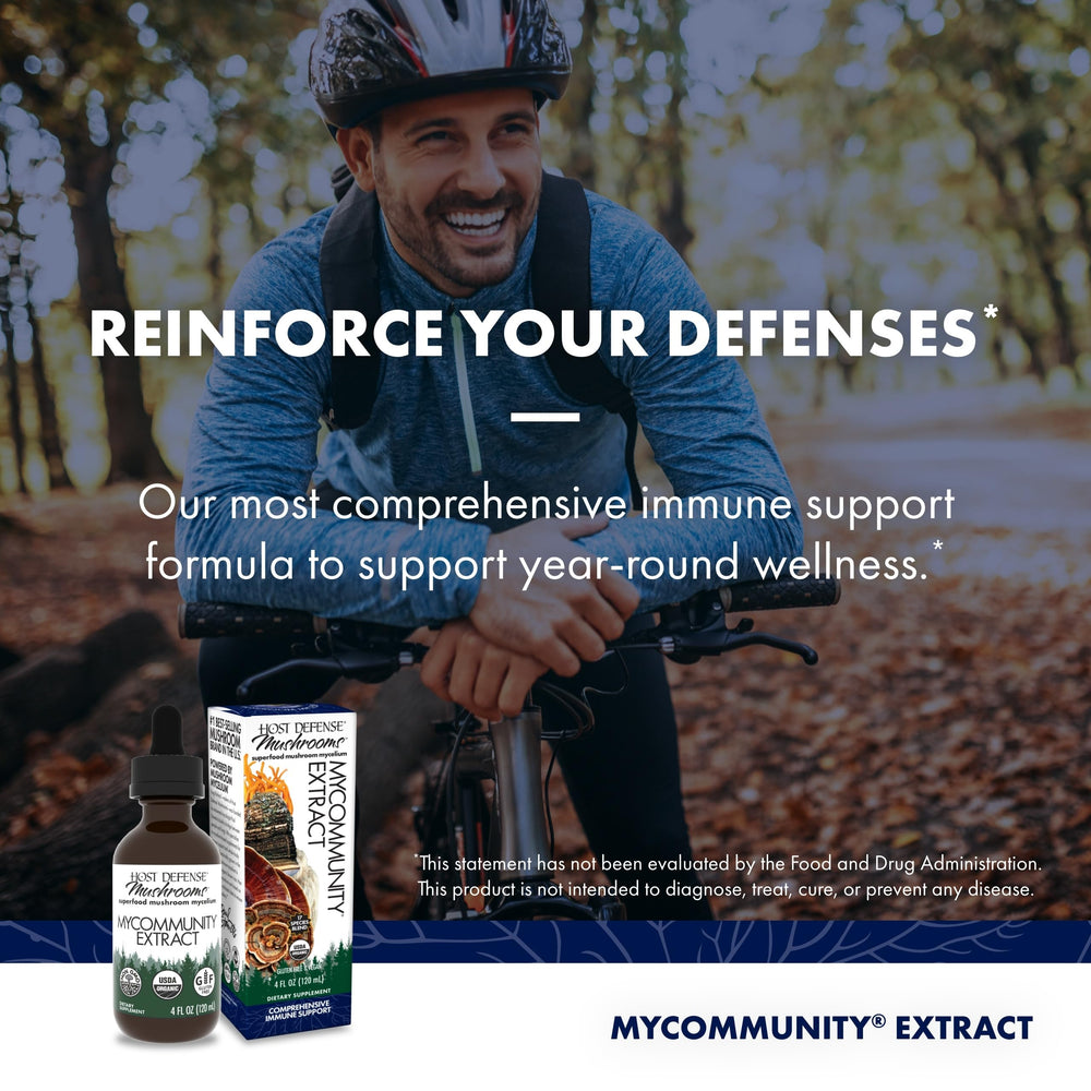 Host Defense MyCommunity bottle on wood shelf for daily routine.