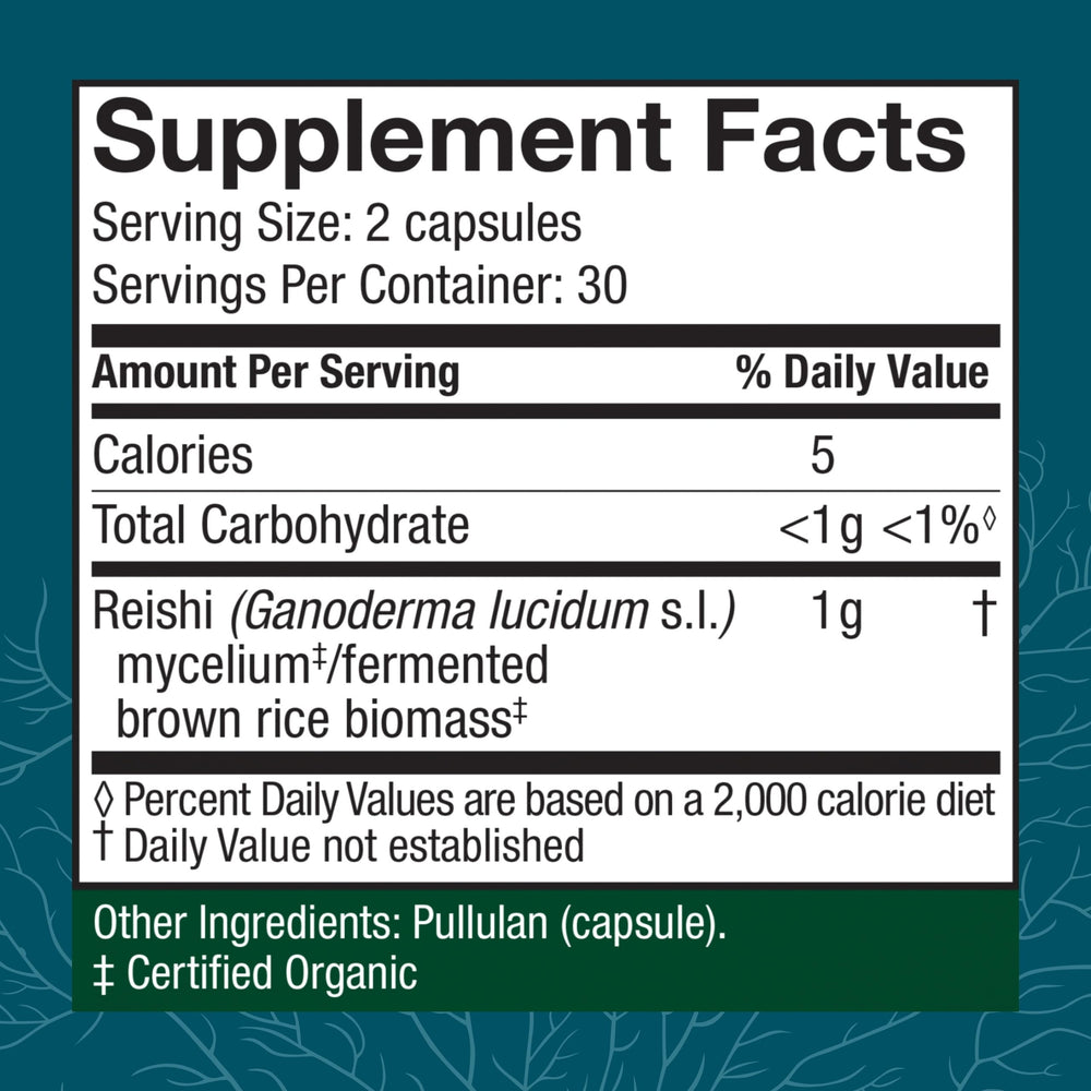 Host Defense Reishi capsules label-detail highlighting organic mushroom source and USA origin