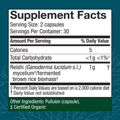 Host Defense Reishi capsules label-detail highlighting organic mushroom source and USA origin