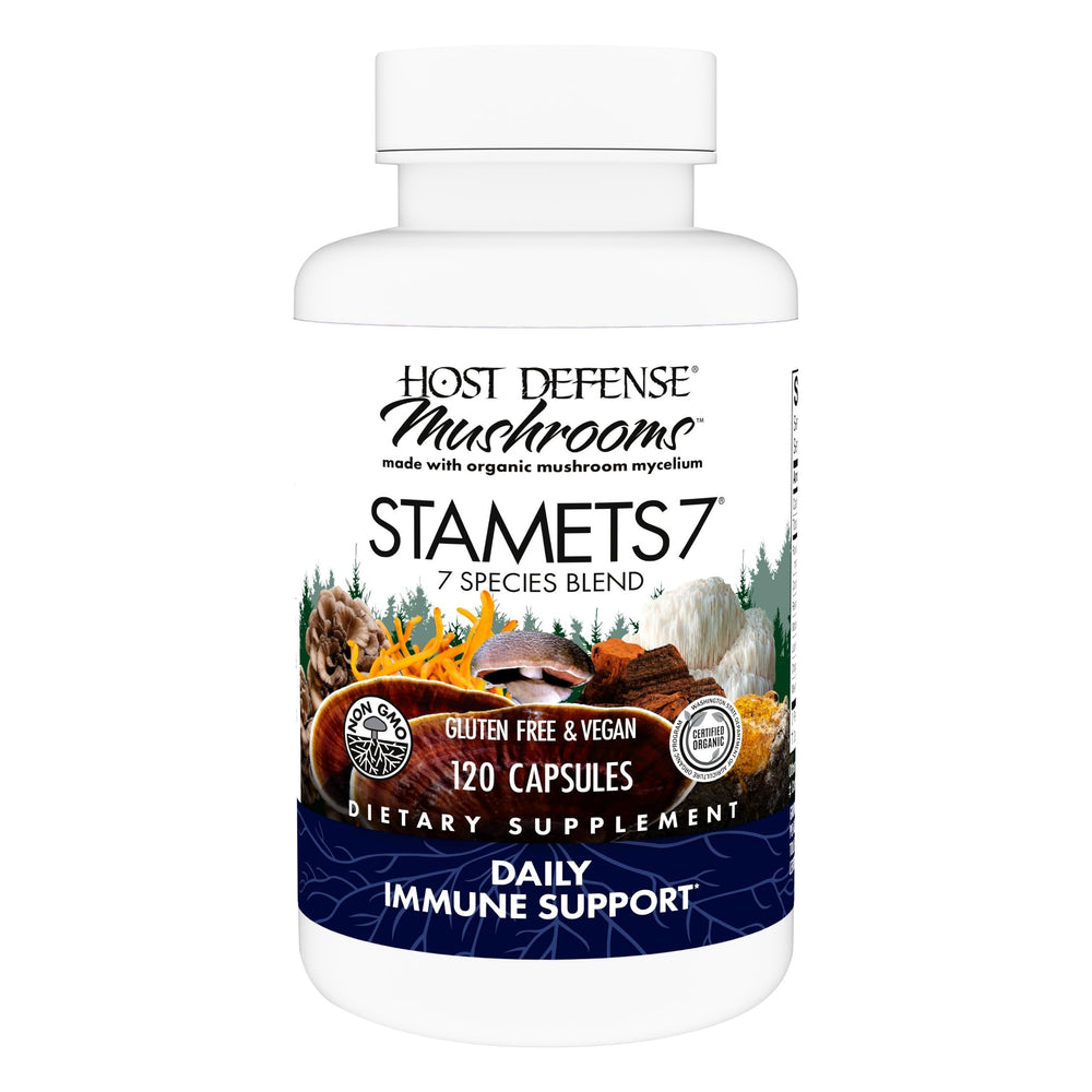 Host Defense Stamets 7-7 bottle front with 120 vegan capsules for daily immune support.