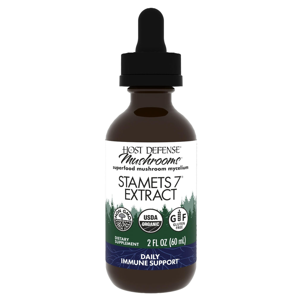 Host Defense Stamets 7 bottle front view in a daily immune routine context.
