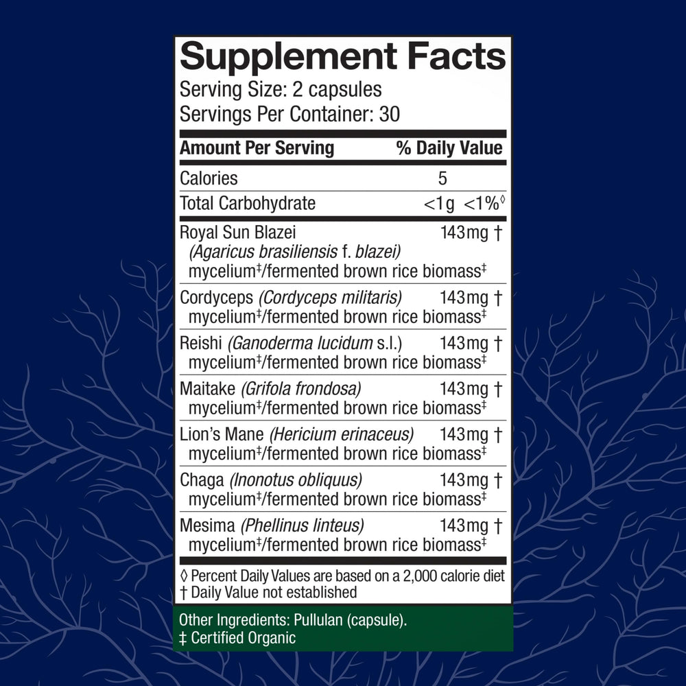 Host Defense Stamets 7 label graphic highlights seven-mushroom formula.