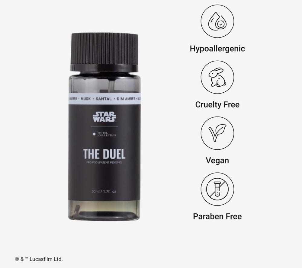 Hotel Collections Star Wars The Duel Pro-Pod Oil fragrance notes display featuring Santal, Amber and Musk.
