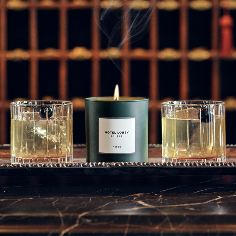 Hotel Lobby Candle Aspen cedarwood closeup highlights woody notes for cozy evenings
