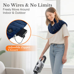 HOTHUGZ user wearing the pad to ease neck and shoulder tension.
