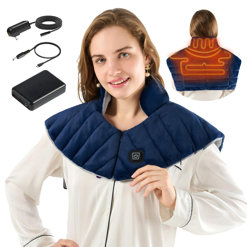 HOTHUGZ portable heating pad around neck and shoulders for on-the-go warmth.