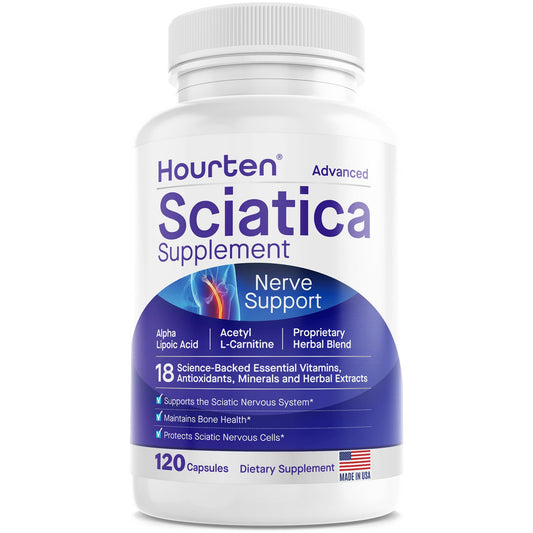 Hourten Advanced Sciatic Nerve Support bottle for daily use and 120-count convenience.