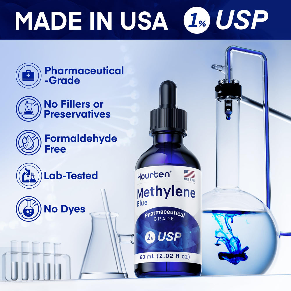Hourten Methylene Blue Drops blue liquid close-up highlighting vivid color.