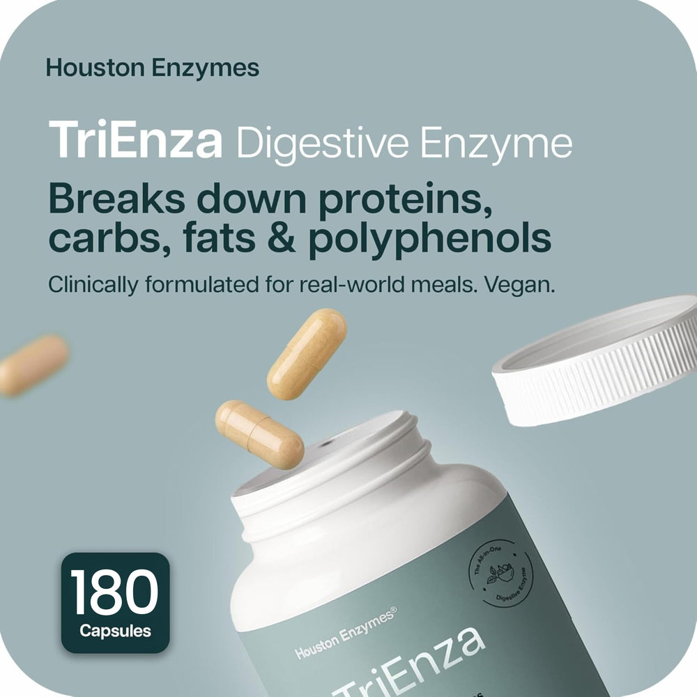 Houston Enzymes TriEnza capsules close-up highlighting protein and fat digestion support